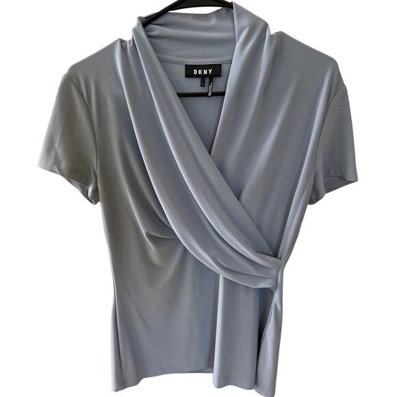 DKNY Blue Women's Short Sleeve Silky Faux Wrap Dressy Shirt Size Small Office - Picture 1 of 5